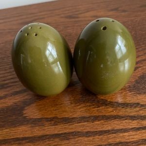 Egg shaped ceramic Olive green salt and pepper shakers